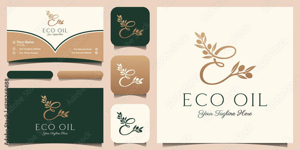 letter e combined twig Olive oil logo design template.