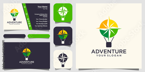 Creative hot air balloon with compass vector logo template.