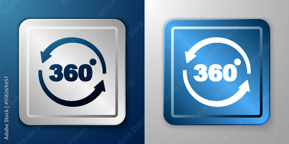 White 360 degree view icon isolated on blue and grey background. Virtual reality. Angle 360 degree camera. Panorama photo. Silver and blue square button. Vector White 360 degree view icon isolated on blue and grey background. Virtual reality. Angle 360 degree camera. Panorama photo. Silver and blue square button. Vector