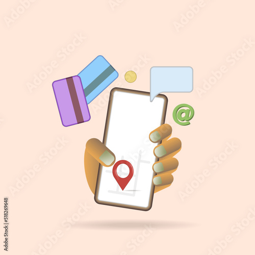 A hand holding a mock-up of a mobile phone. 3d vector illustration. Business, finance, Internet, communication. 