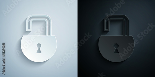 Paper cut Open padlock icon isolated on grey and black background. Opened lock sign. Cyber security concept. Digital data protection. Paper art style. Vector