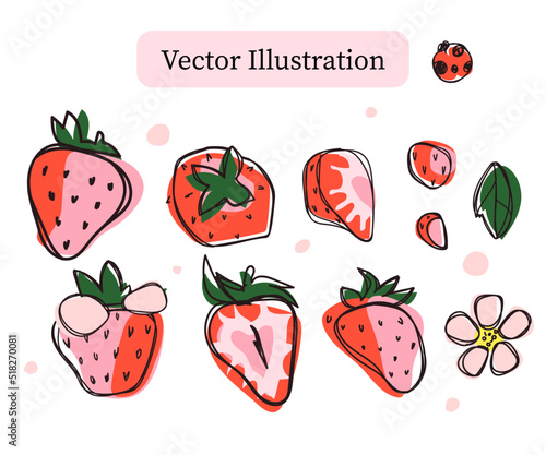 Set of Strawberry Hand Drawn Isolated Vector Illustration. Trendy paper cut shapes and linear graphic elements. Perfect for juice, jam, milk food packaging as well as for cosmetic visual branding.