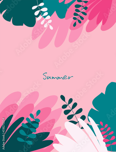 pink and white summer background with flowers and green plants
