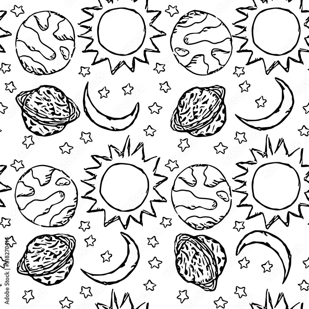 Cosmos background. Seamless space pattern. Doodle vector space illustration with planets, stars, moon, sun