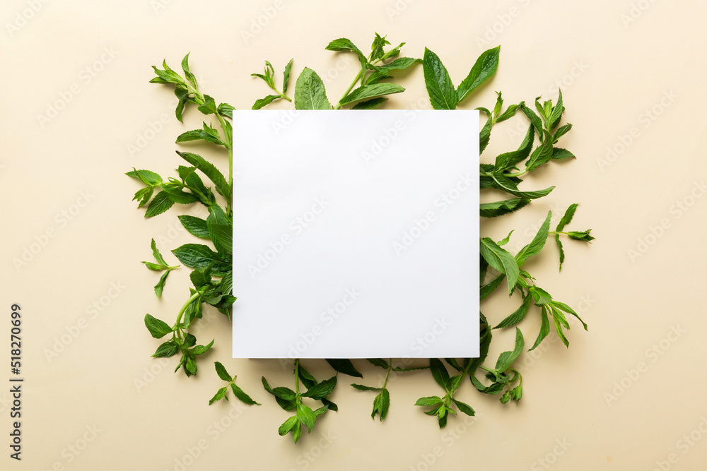 Wreath frame made of empty paper blank with space for text and mint leaves on colored background. . Mint Pattern. Flat lay. Top view Wreath frame made of empty paper blank with space for text and mint leaves on colored background. . Mint Pattern. Flat lay. Top view