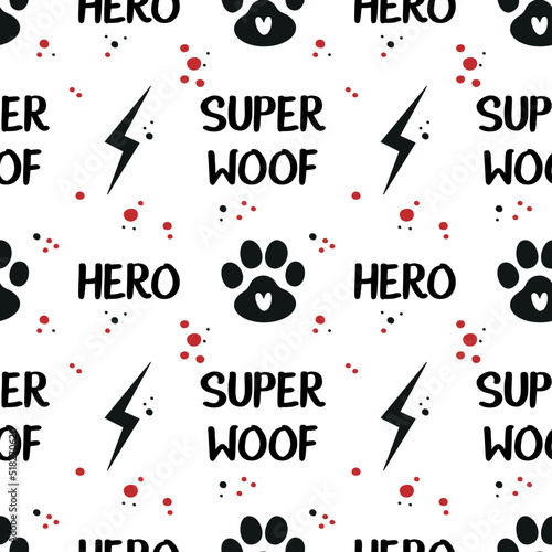 Seamless pattern with a superhero paws. Funny pattern in dog hero style. Vector illustration isolated on white background.