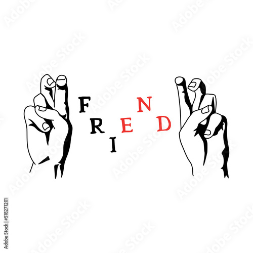 the image of two hands with bent fingers and the inscription friends.vector illustration.hand drawn.linear style.image on a white background.modern typography design for tattoo,t shirt,poster,bags,etc