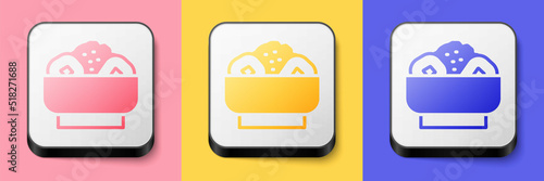 Isometric Chow mein on plate icon isolated on pink, yellow and blue background. Asian food. Square button. Vector