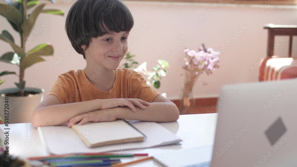 Online distance learning. a boy with a computer communicate via videoconference with a teacher and a class group. The child communicates online. Online distance learning. a boy with a computer communicate via videoconference with a teacher and a class group. The child communicates online.