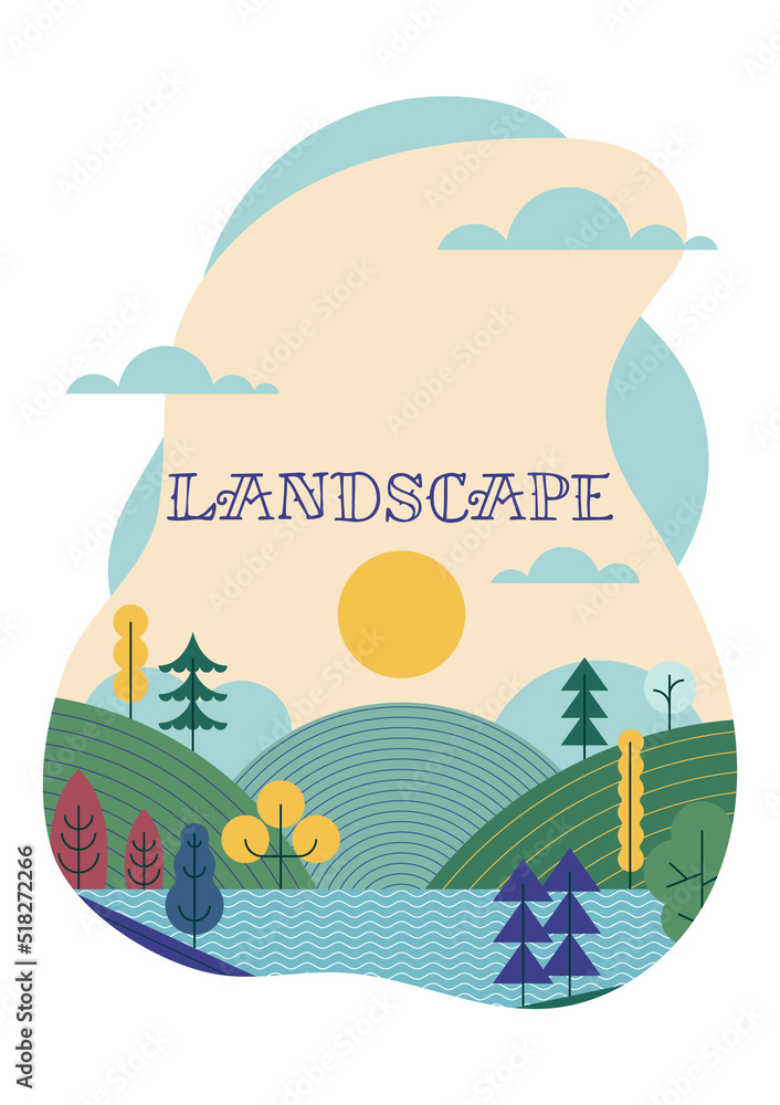 Abstract landscape. Banner with polygonal mountains landscape illustration. Minimalistic style frame. Simple flat design. Hiking. Travel concept of discovering, exploring, and observing nature.