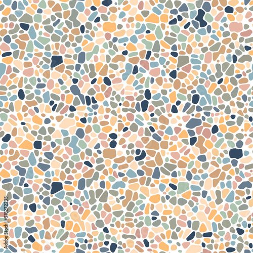 Seamless floor pattern of small bright round sea pebbles. Vector background. Decoration with tiles for paths, walls and paving. Kitchen, bathroom, garden design. Repeating texture