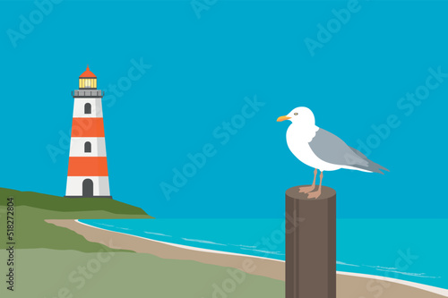 lighthouse and gull by the sea near beach summer holiday design