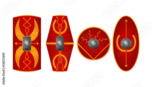 Roman antique shields set. Red hand geometric plates for protection