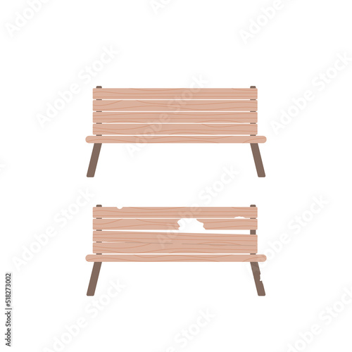 broken park bench and new park bench. good stuff and bad stuff. item condition. before and after. symbol. flat cartoon illustration. concept design. foam or sponge out