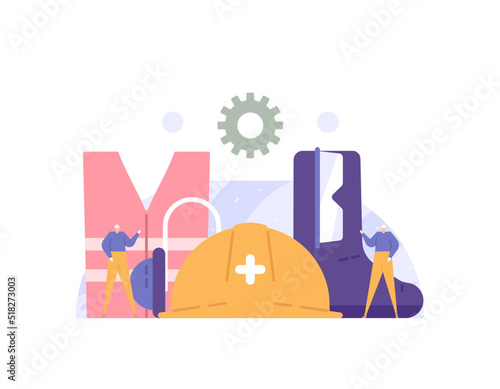 HSE or Health, Safety, and Environment. an industrial worker and personal protective equipment. goggles, helmet, vest, earmuff, and shoes. flat cartoon illustration. vector concept design