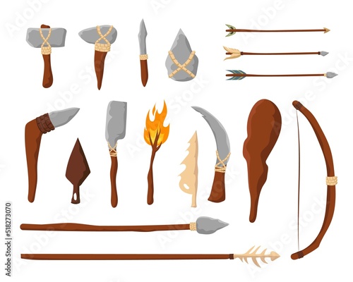 Tools and weapons of stone age. Prehistoric axes and spears clubs with bows and arrows of primitive hunters and vector neanderthals