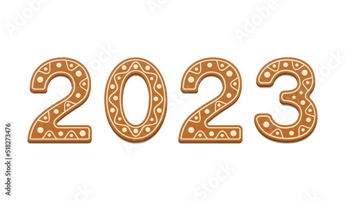 Gingerbread of the form of a numbers. 2023 new year ginger cookies on white background.