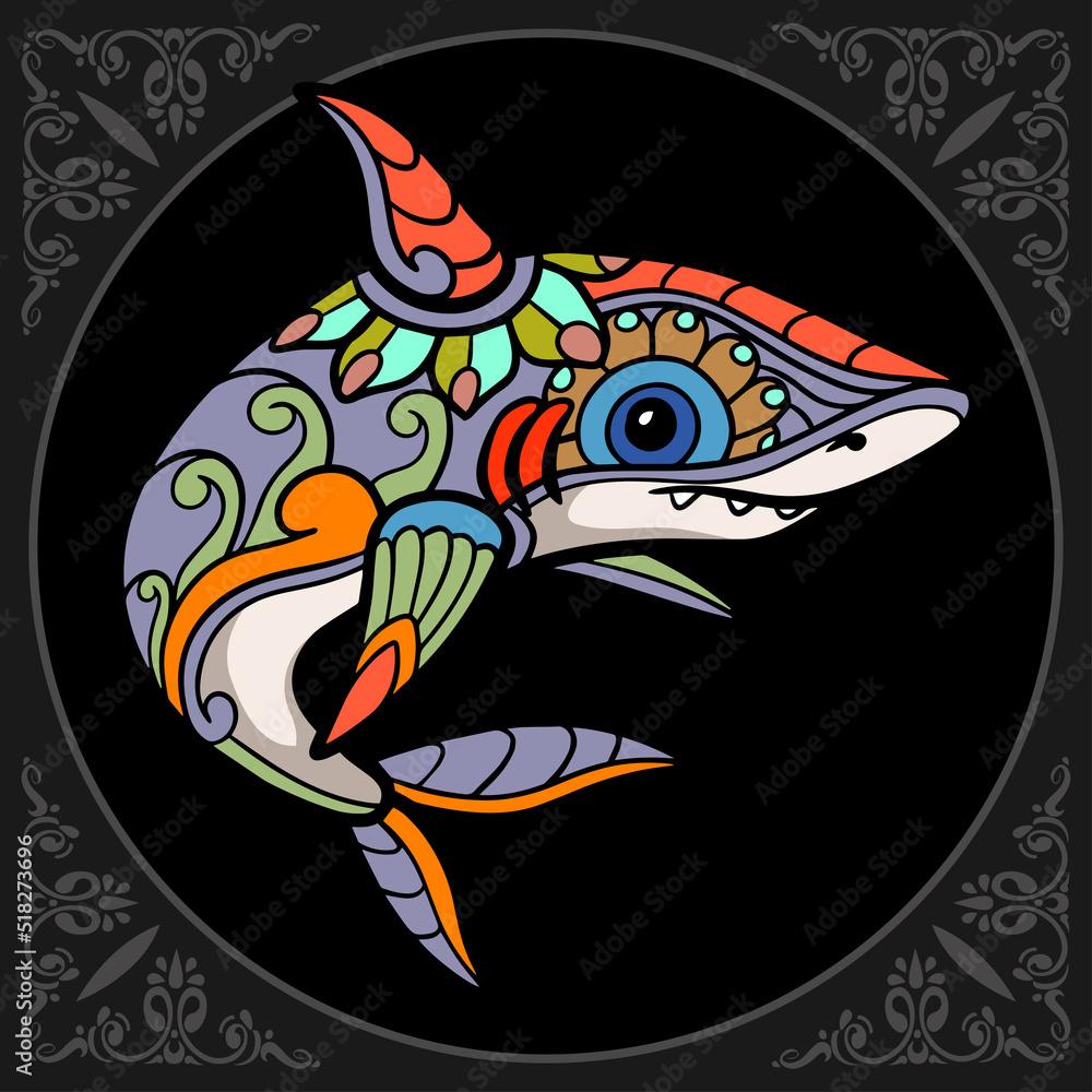 Naklejka premium Colorful shark zentangle arts isolated on black background.