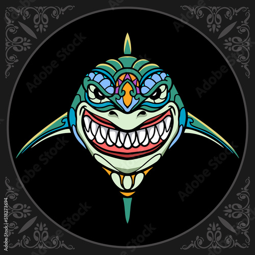 Colorful shark zentangle arts isolated on black background.