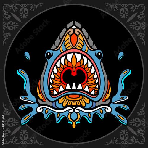 Colorful shark zentangle arts isolated on black background.