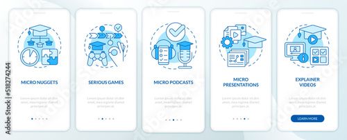 Microlearning examples blue onboarding mobile app screen. Walkthrough 5 steps editable graphic instructions with linear concepts. UI, UX, GUI template. Myriad Pro-Bold, Regular fonts used