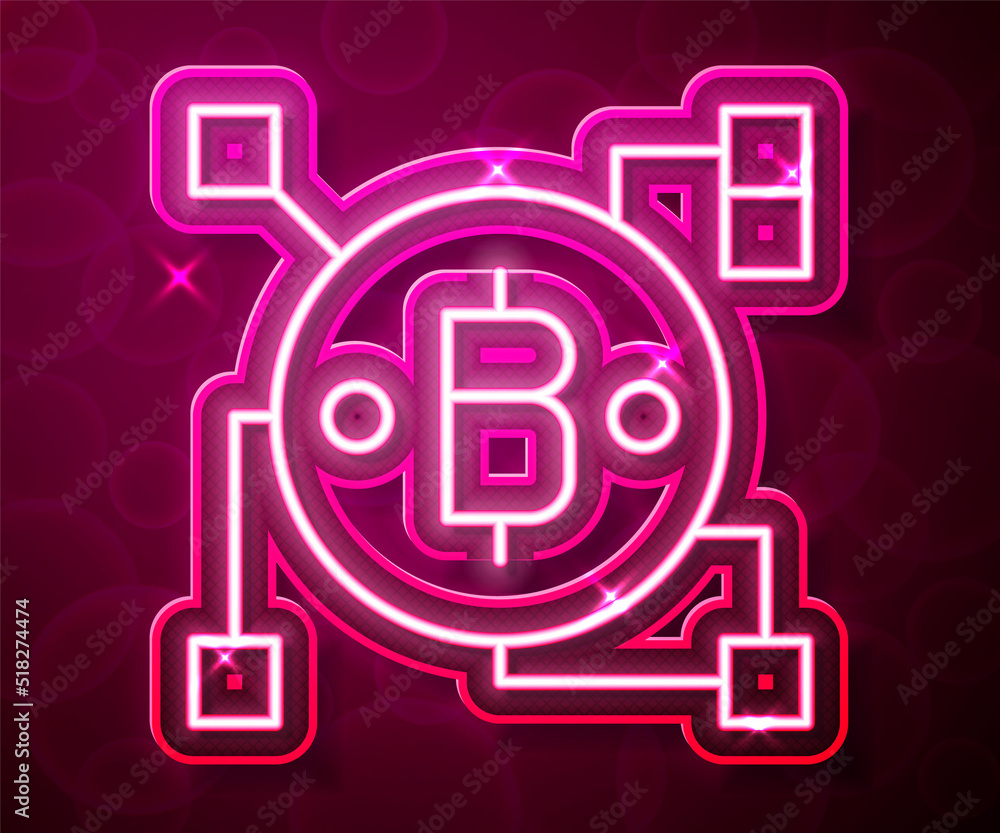 Glowing neon line Blockchain technology Bitcoin icon isolated on red background. Abstract geometric block chain network technology business. Vector