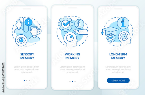Memory and microlearning blue onboarding mobile app screen. Walkthrough 3 steps editable graphic instructions with linear concepts. UI, UX, GUI template. Myriad Pro-Bold, Regular fonts used
