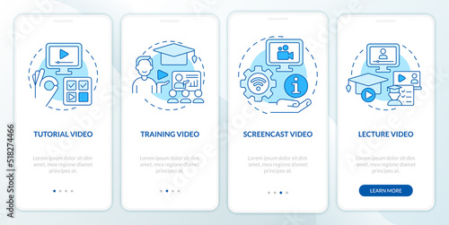 Microlearning video examples blue onboarding mobile app screen. Walkthrough 4 steps editable graphic instructions with linear concepts. UI, UX, GUI template. Myriad Pro-Bold, Regular fonts used
