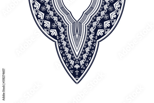Vector african dashiki neck embroidery blue color flower pattern design. Tribal art shirts fashion.