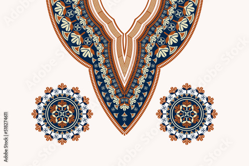Vector ethnic neck embroidery vintage color flower pattern design with elements. Tribal art shirts fashion.