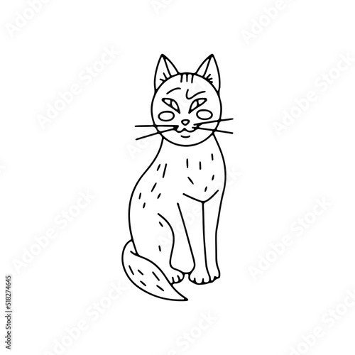 Cute sly grinning cat. Hand drawn line art Halloween illustration. Isolated on white