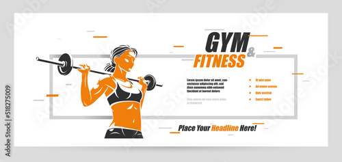 Push the barbell gym and fitness vector advertising flyer, young attractive woman doing workout exercises with a barbell, perfect muscular athletic body young adult girl sport training banner.