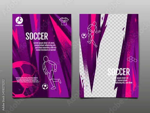 Soccer Layout template design, football league, Purple magenta tone, sport background.
