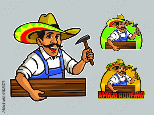 Mexican Amigo Man Wearing Sombrero Carrying hammer and board for Roofing or Handyman Cartoon Logo