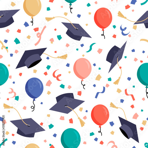 Graduation caps confetti seamless pattern