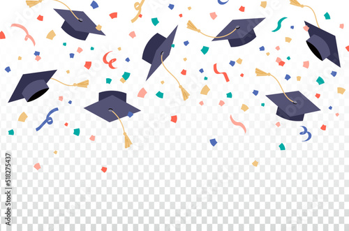 Graduation caps confetti background Flying students hats with colorful ribbons isolated