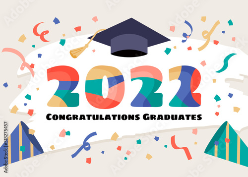 Celebration class of 2022 graduation banner with colorful confetti and ribbons