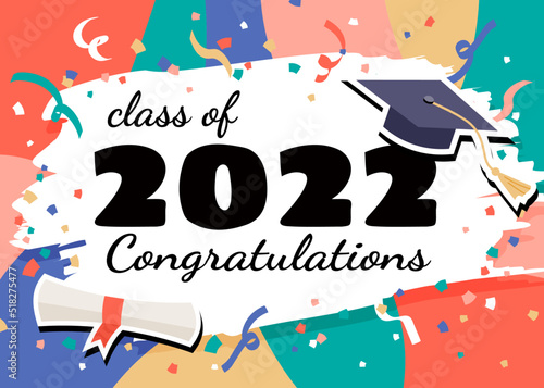 Celebration class of 2022 graduation banner with colorful confetti and ribbons