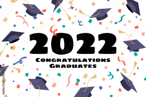 Class of 2022 graduation banner Flying students graduation hats in the sky