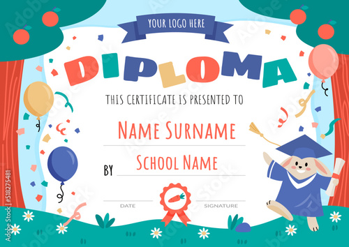Certificates kindergarten and elementary Preschool Kids Diploma certificate design template