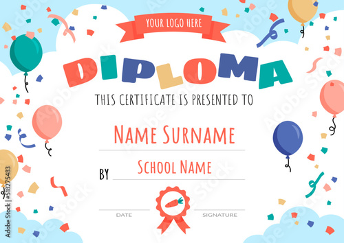 Certificates kindergarten and elementary Preschool Kids Diploma certificate design template