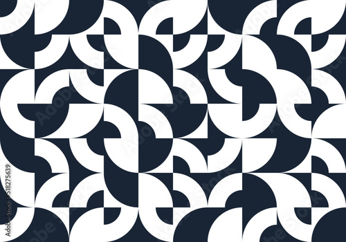 Geometric abstract seamless pattern with black and white simple elements of geometry, wallpaper background in retro 70s style, Bauhaus constructive style tiles.