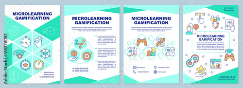 Microlearning gamification green brochure template. Education. Leaflet design with linear icons. Editable 4 vector layouts for presentation, annual reports. Arial-Black, Myriad Pro-Regular fonts used
