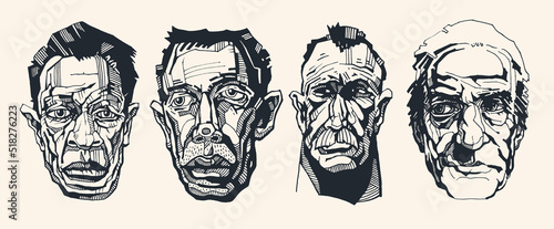 Men's cartoon portraits set., sketch style. Hand drawn design elements. Vector illustration