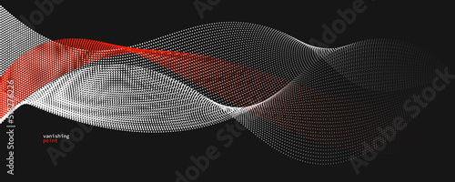 Smooth and relaxing shape vector abstract background with wave of flowing particles, curve lines of dots in motion, red and black tranquil and soft image.