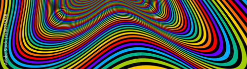Psychedelic rainbow colored optical illusion lines vector insane art background, LSD hallucination delirium, surreal op art linear curves in hyper 3D perspective, hypnotic design.