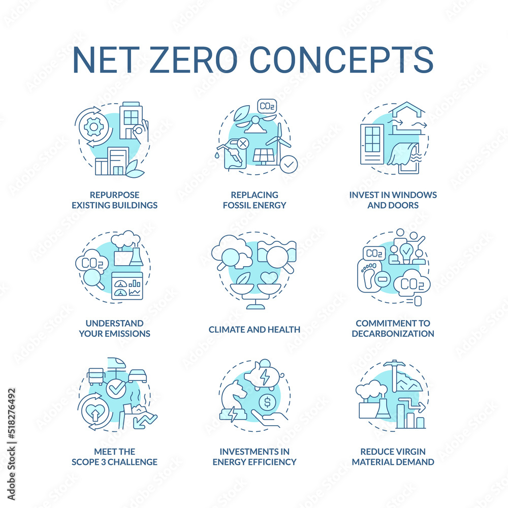 Net zero turquoise concept icons set. Reducing pollution process. Carbon removal idea thin line color illustrations. Isolated symbols. Editable stroke. Roboto-Medium, Myriad Pro-Bold fonts used