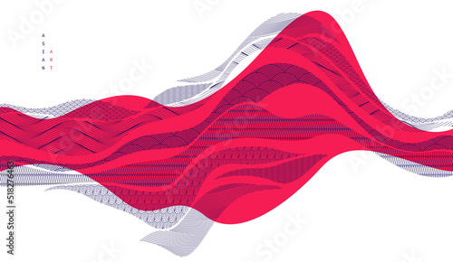 Nature art oriental Japanese style vector abstract background in red colors, runny like water shapes and lines with textures.