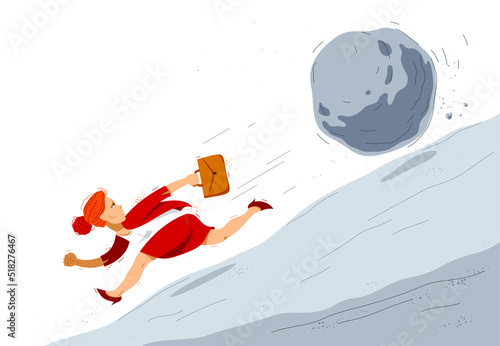 Business woman run from a stone symbolizes problems such as debt crisis or taxes vector illustration, funny comic cute cartoon businesswoman worker or employee in a rush.