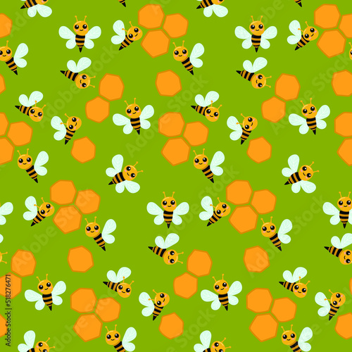 A small bee with hundredths on a green background. Beautiful seamless pattern with honey bees. Beautiful vector children's illustration. Ideal for children's fabric, textiles, packaging.